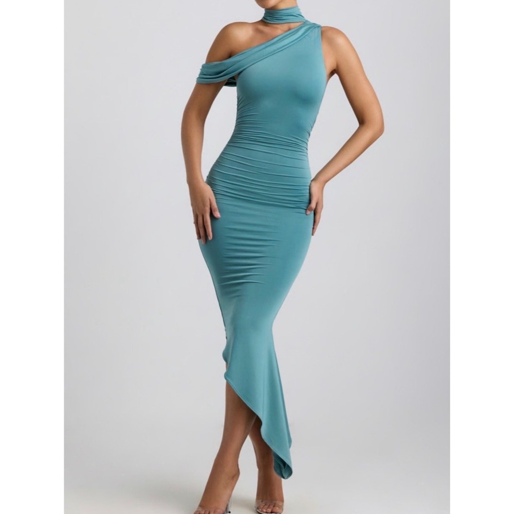 Oh Polly Sea Green One Shoulder Ruched Maxi Dress High Neck Fishtail US 2‎ NWT